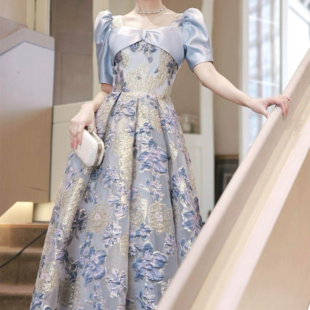 レディースファッション 花柄にリボンが大人 パフスリーブイブニングドレス .