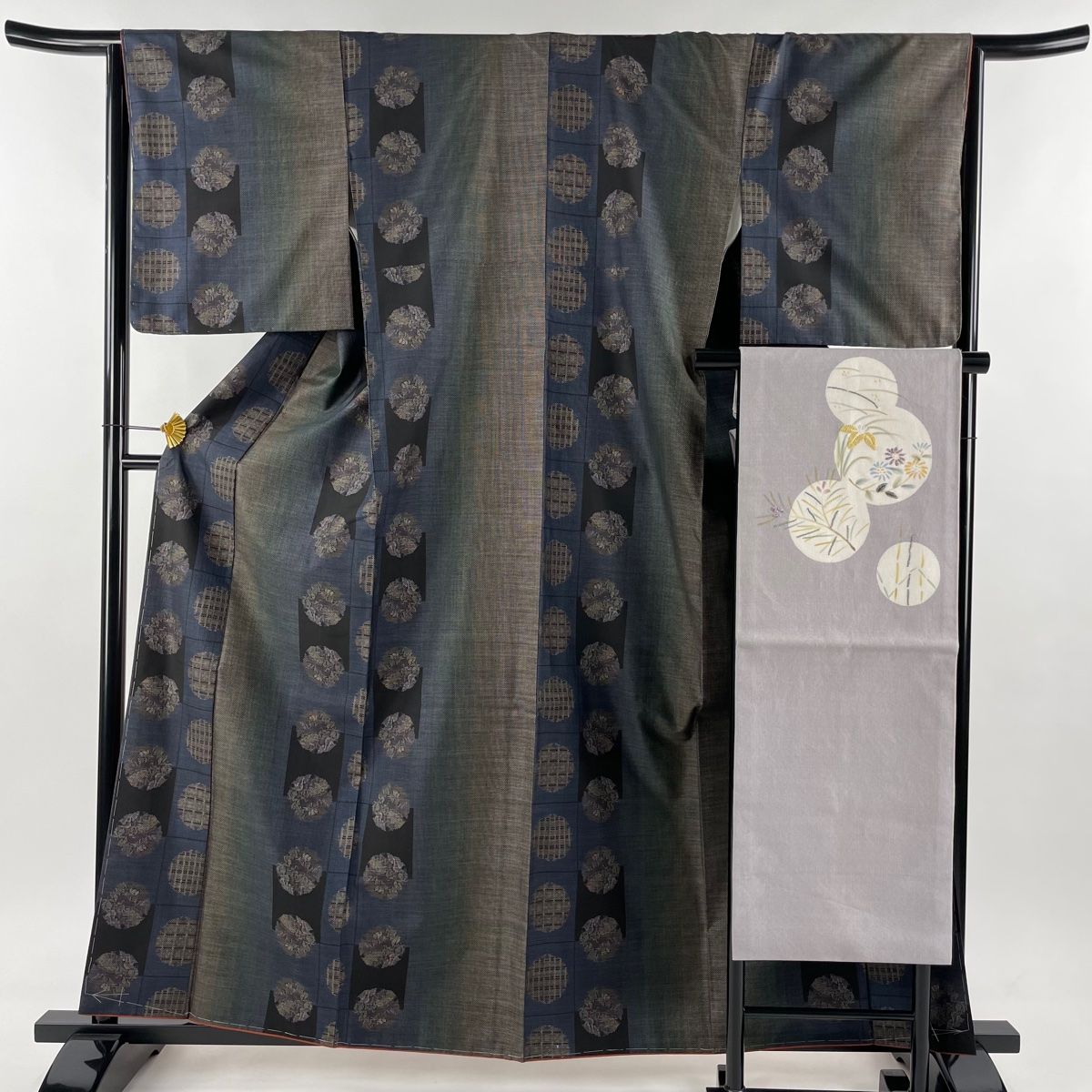 在庫一掃】 小紋 身丈157cm 裄丈64.5cm M 袷 紬地 亀甲文 花 山吹色  