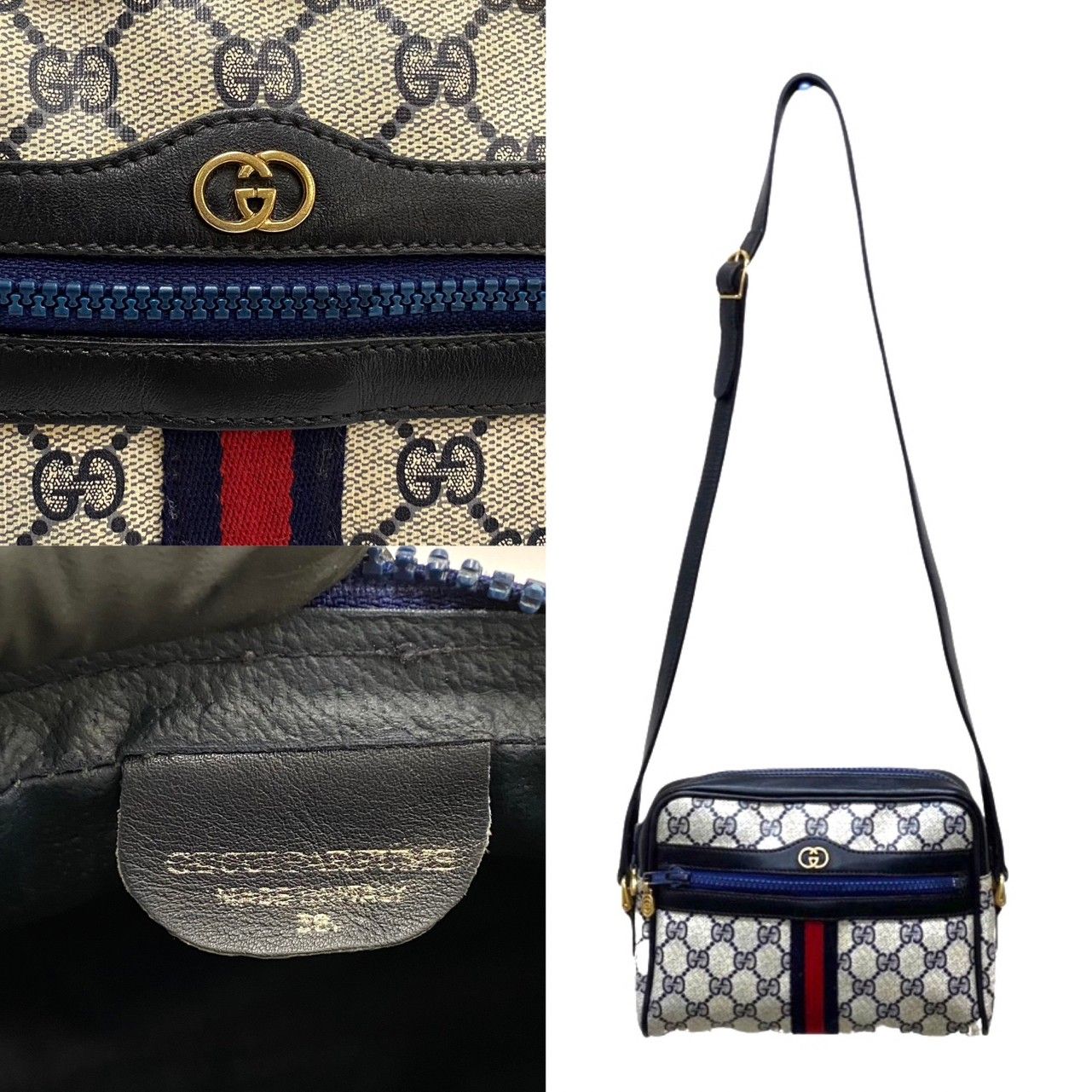 GUCCI オールドグッチ ミニバッグ ポーチ シェリーライン GG柄 ネイビー 極 美品 GUCCI オールドグッチ グッチ シェリーライン GG ロゴ