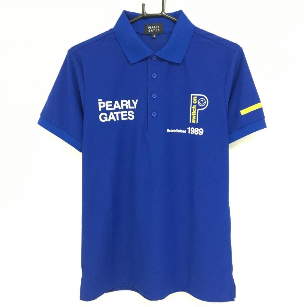 超 パーリーゲイツ 半袖ポロシャツ ブルー×白 ニコちゃん スマイル 織生地 メンズ 4 M ゴルフウェア モデル PEARLY GATES