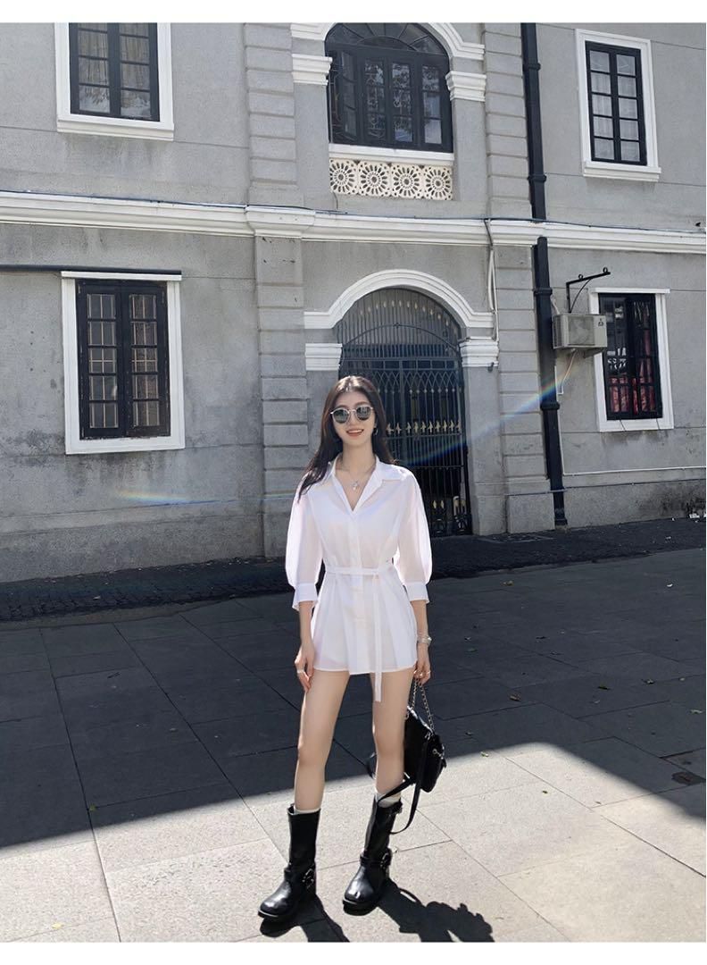  春コーデ ルーズミニ丈ホワイトシャツ レディース レースアップデート ワンピース ベビー服(~95cm)