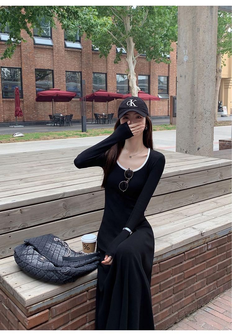 春のお出かけニットロングワンピースコントラスト Uネック長袖