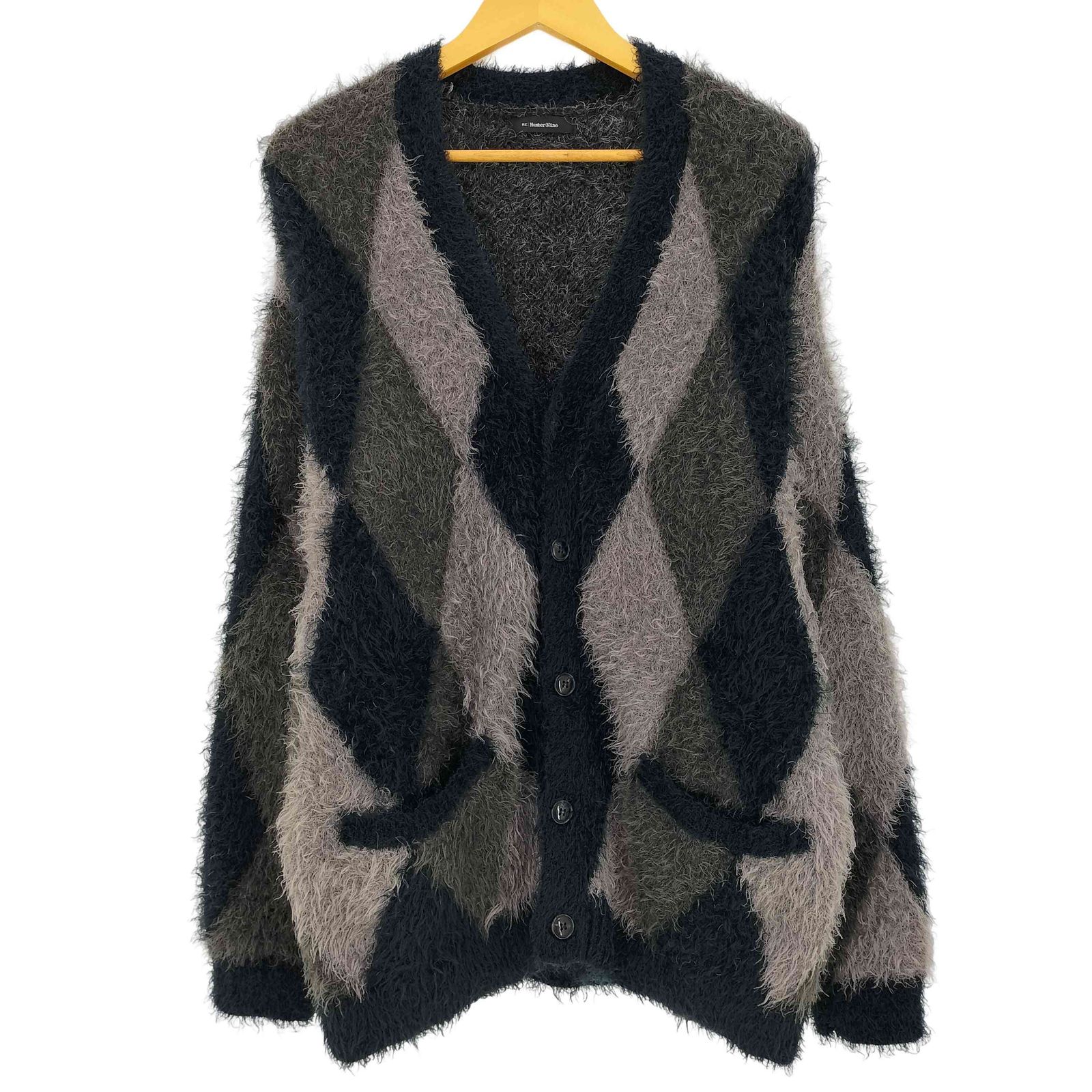 N NUMBER RE FEATHERY YARN ARGYLE JACQYARD KNIT CARDIGAN