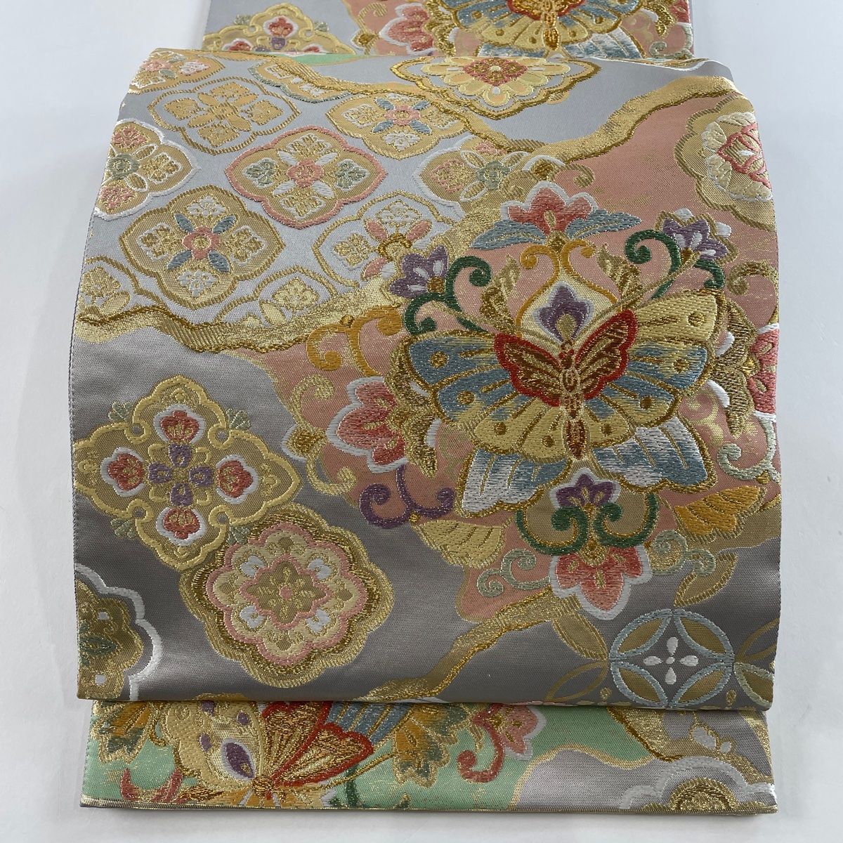 袋帯 光れ 美品 秀品 花丸文 亀甲 金糸 箔 深緑 六通 正絹 【 