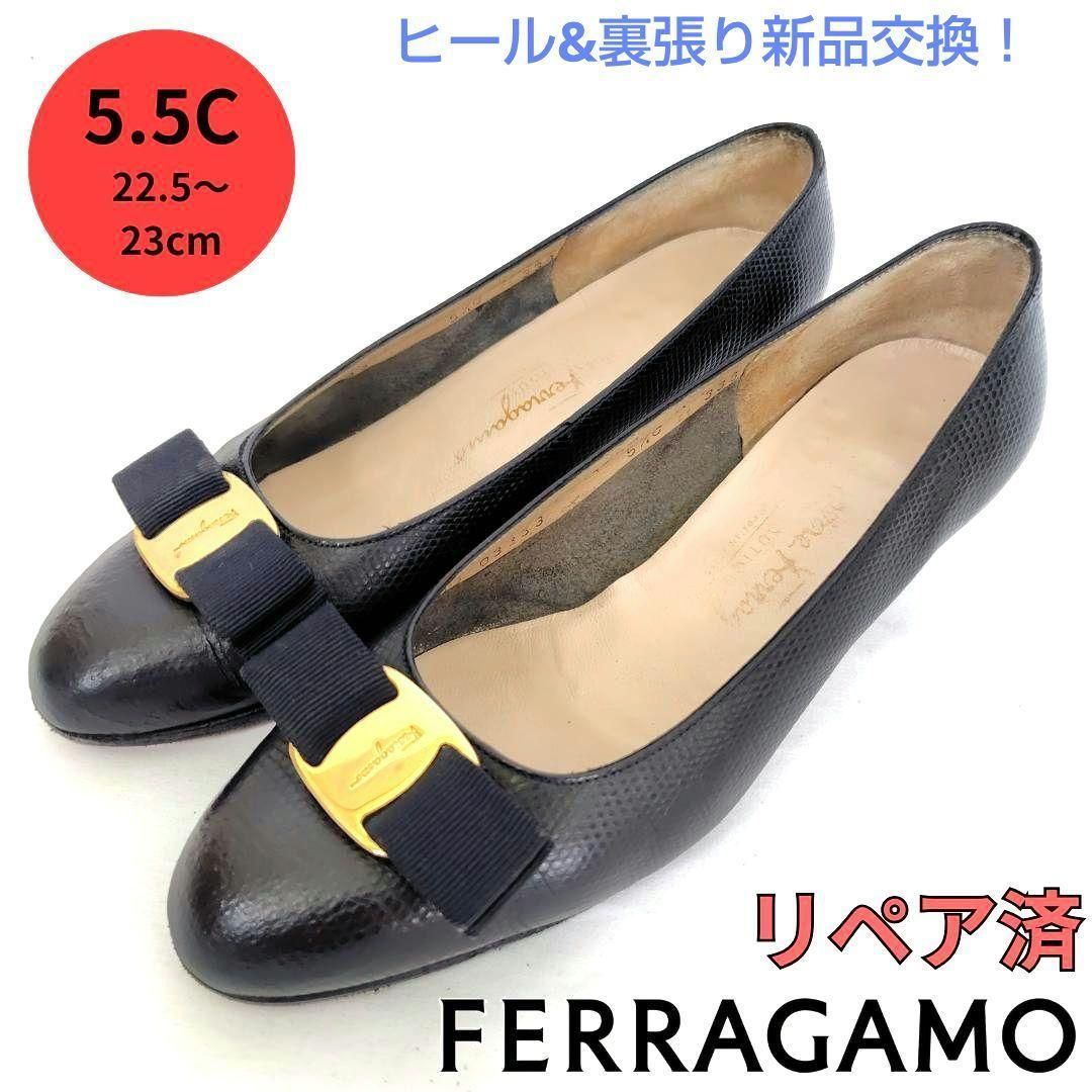 完璧すぎるが故三度も フェラガモ【Ferragamo】ヴァラ リザード型押し パンプス 紺色 靴