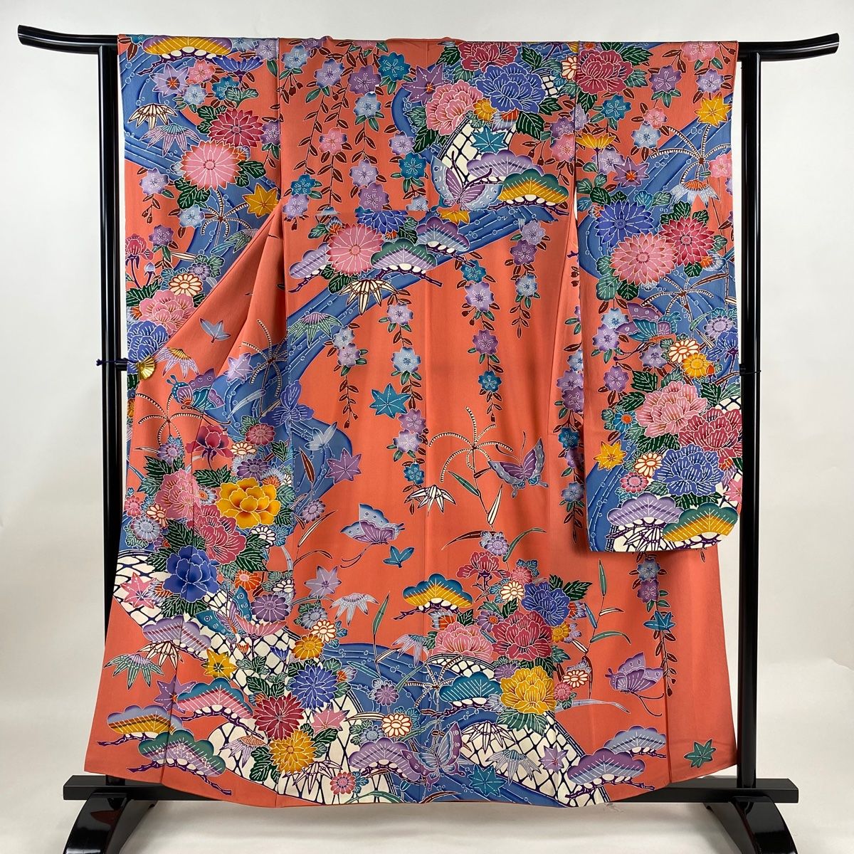 振袖 身丈158cm 裄丈63cm S 袷 草花 蝶 サーモンピンク 正絹 秀品