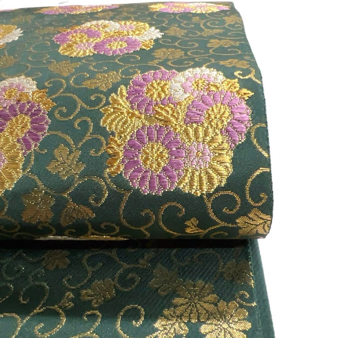 じゅらく 袋帯 帝王紫 花紋 唐草 菊 グリーン 着物 102a d じゅらく 袋帯 帝王紫 花紋 唐草 菊 グリーン 着物 102a d