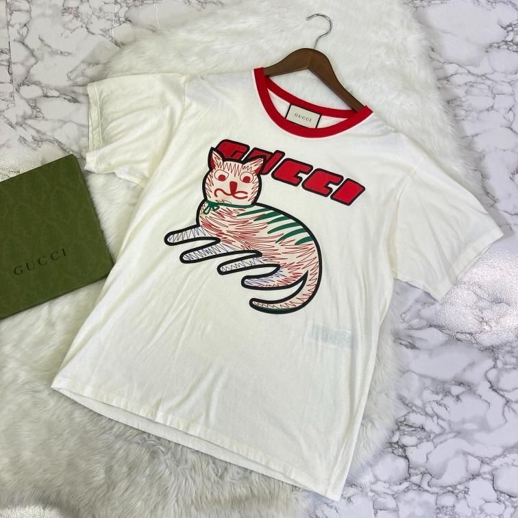 送料無料の通販 グッチ Gucci キャットプリント ホワイト Tシャツ ダメージ加工 トップス