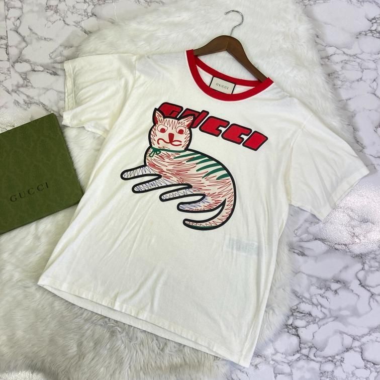 Gucci グッチ キャットプリント ダメージ加工 Tシャツ ホワイト XS