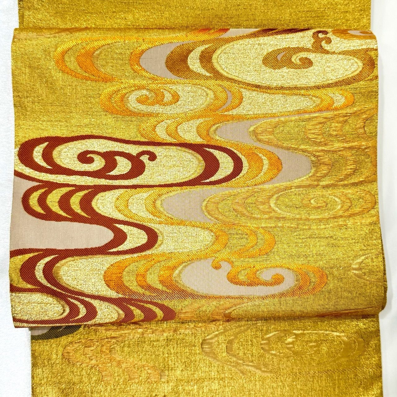 新品】高級袋帯 正絹 金糸 着物 訪問着 礼装用 刺繍 流水 雲 金地 黄色  
