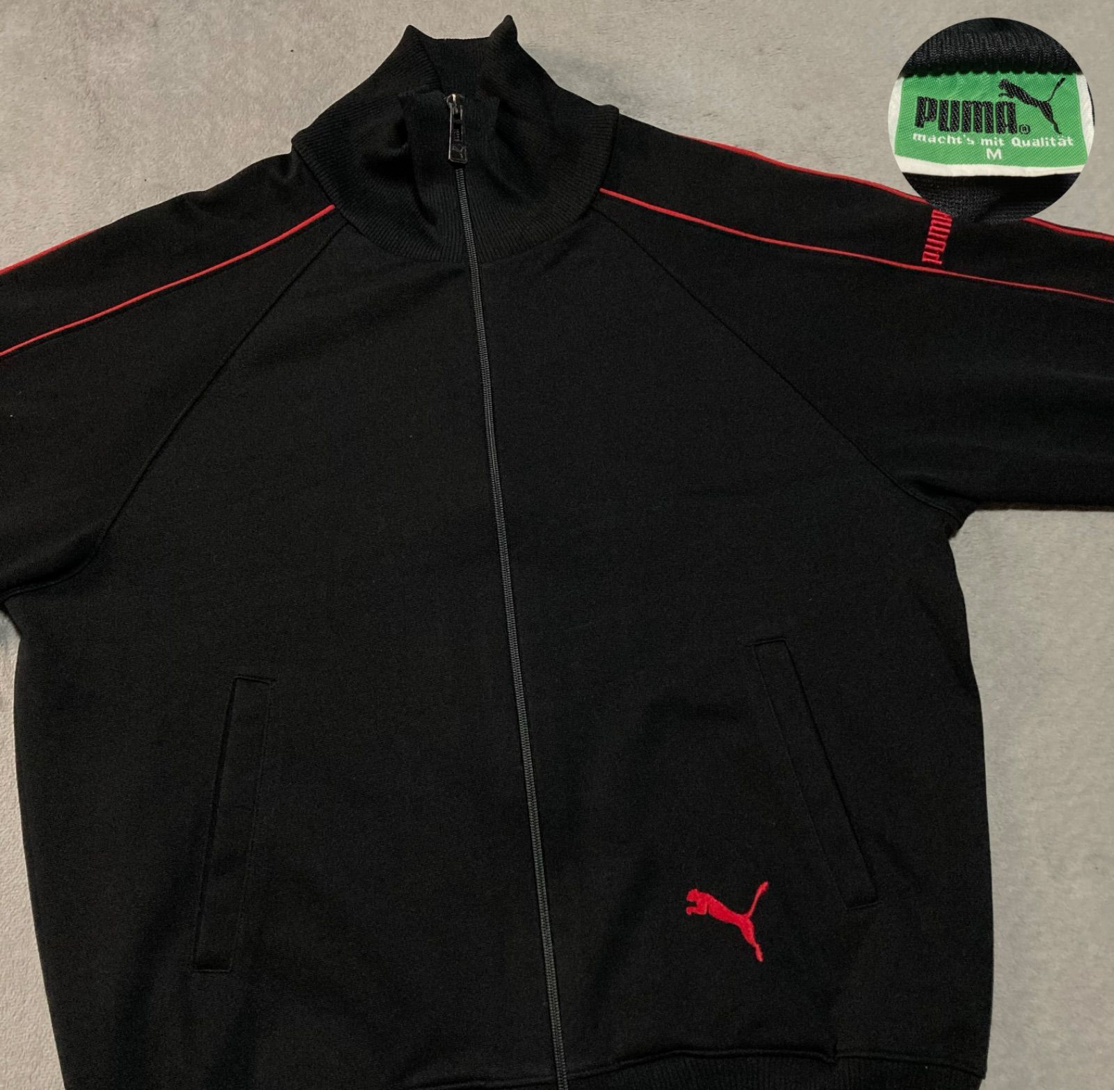 PUMA プーマ TrackJacket トラックジャケット ジャージ ヒットユニオン HitUnion 80s 刺繍ロゴ アーム刺繍 Embroidery ハイネック HighNeck ポリエステル Polyester 黒 ブラック Black M