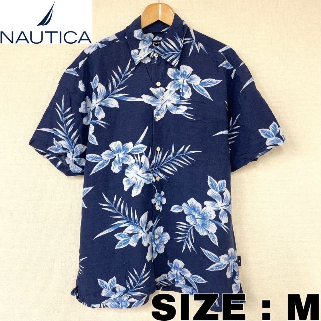 ノーティカ NAUTICA アロハ シャツ 半袖 花･植物柄 総柄 M ネイビー