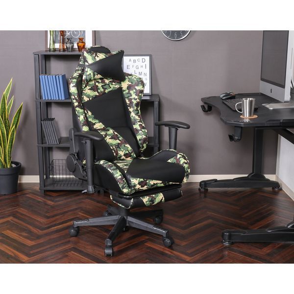 カモフラージュ柄リクライニングチェア フットレスト GR グリーン 組立品 代引不可