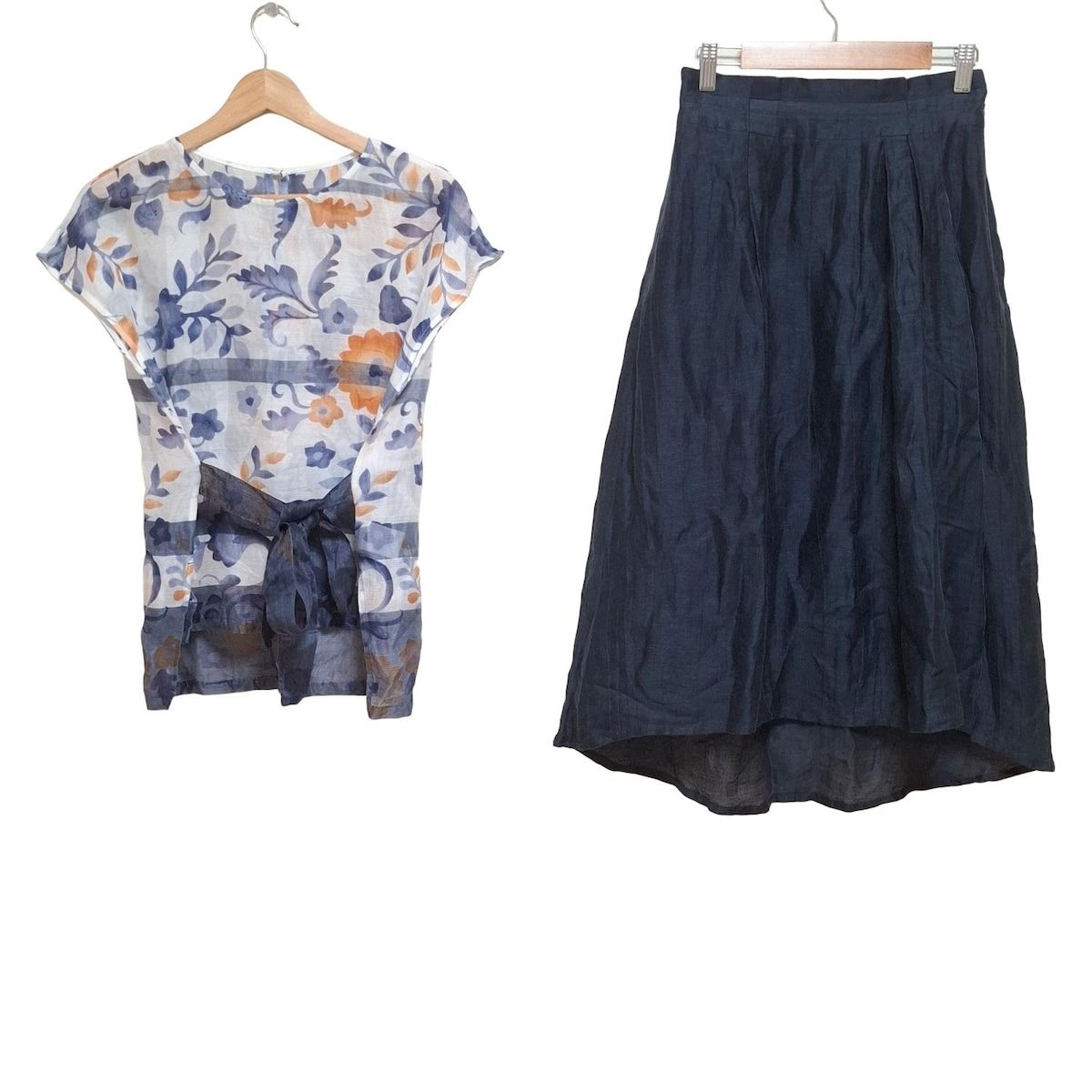 ARTISAN アルチザン スカートセットアップ レディース - アイボリー×ネイビー×ブラウン 麻|シルク|花柄|シースルー
