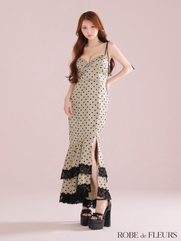 ベージュ FM3299-BE-2508 XS-Lサイズあり ROBE de FLEURS|ローブドフルール ドット| サテン| レース| フリル| マーメイド| ロングドレス| キャバドレス