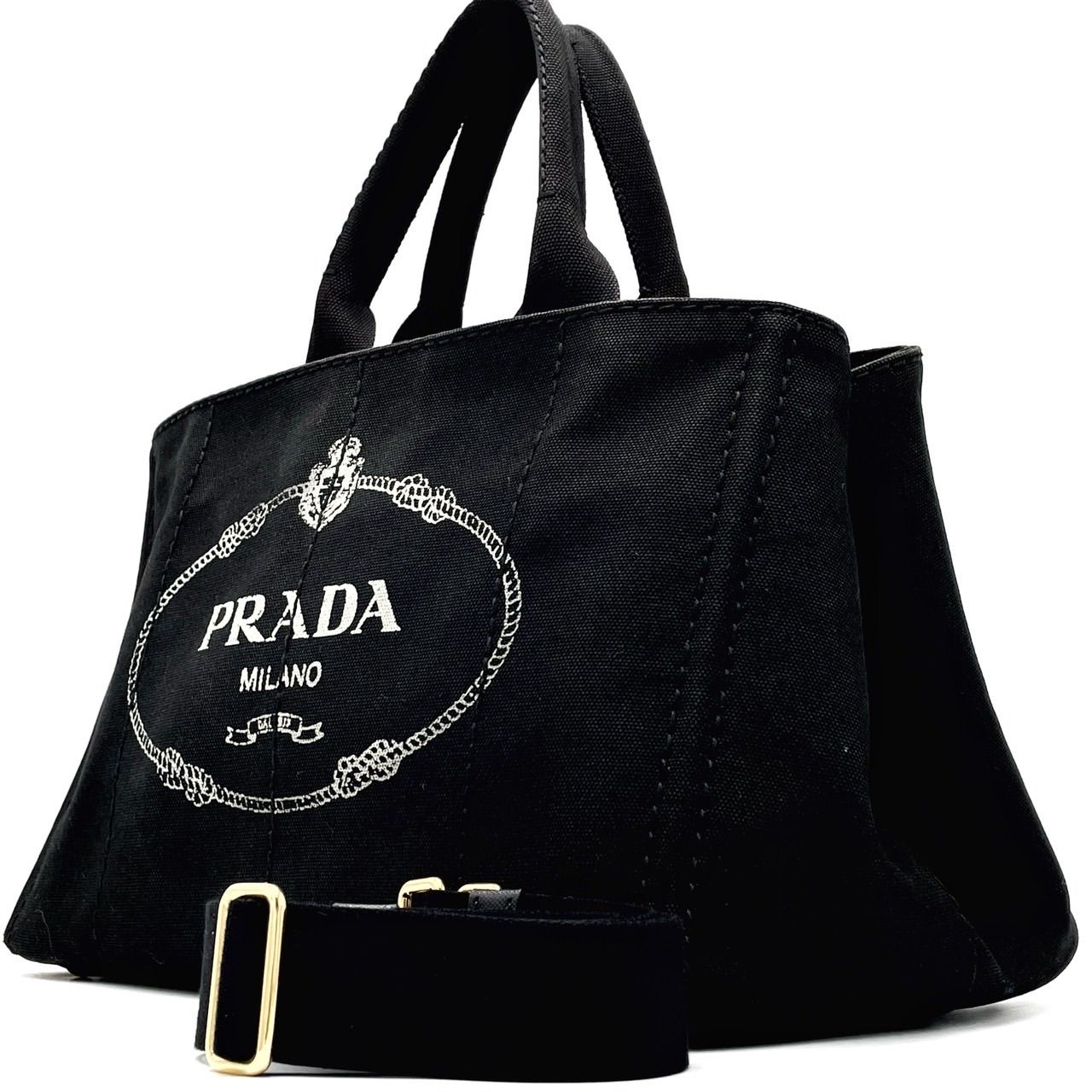 ✨良品✨ PRADA プラダ 2way ショルダーバッグ ハンドバッグ カナパ M デカロゴ 三角ロゴプレート ゴールド金具 白タグ デニム  レディース ブラック 黒色 - メルカリ