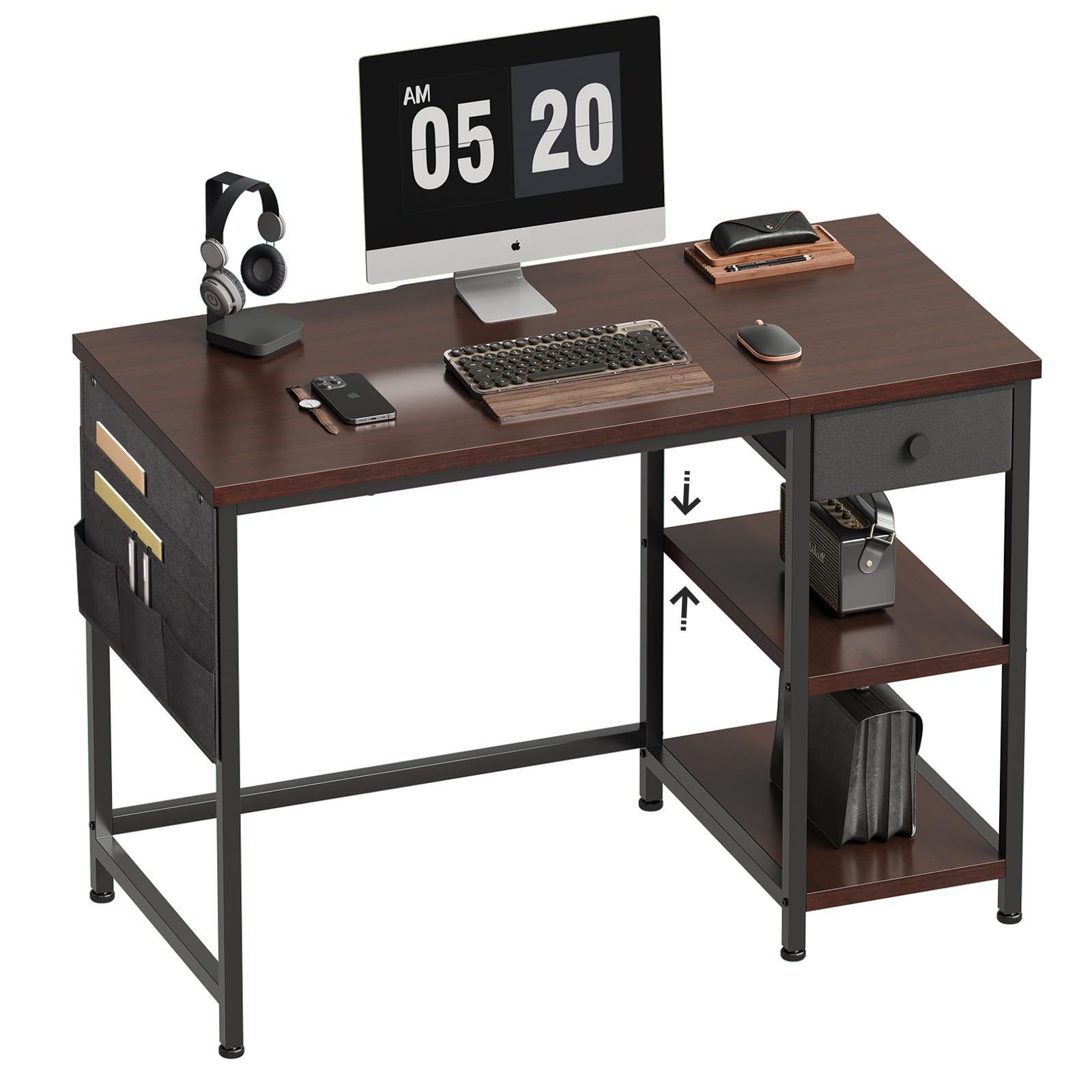 数量 YeTom pc パソコンデスク 幅100cm×奥行48cm 布製引き出し つくえ ラック付き ワークデスク オフィス 収納袋付き 勉強机 学習机 左右入替可 テレワーク 在宅勤務 ダークブラウン