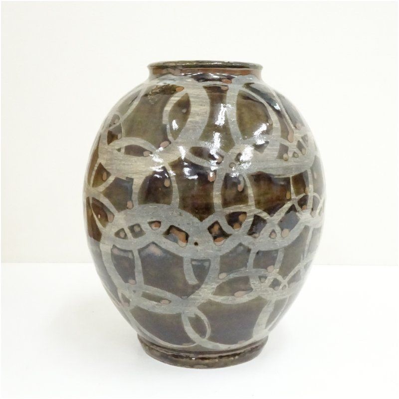 益子焼 木村充造 柿釉抜渦文壷 共箱 壺 おしゃれ つぼ インテリア アンティーク 骨董 容器 置物 置き物 床の間 和室 芸術 来客