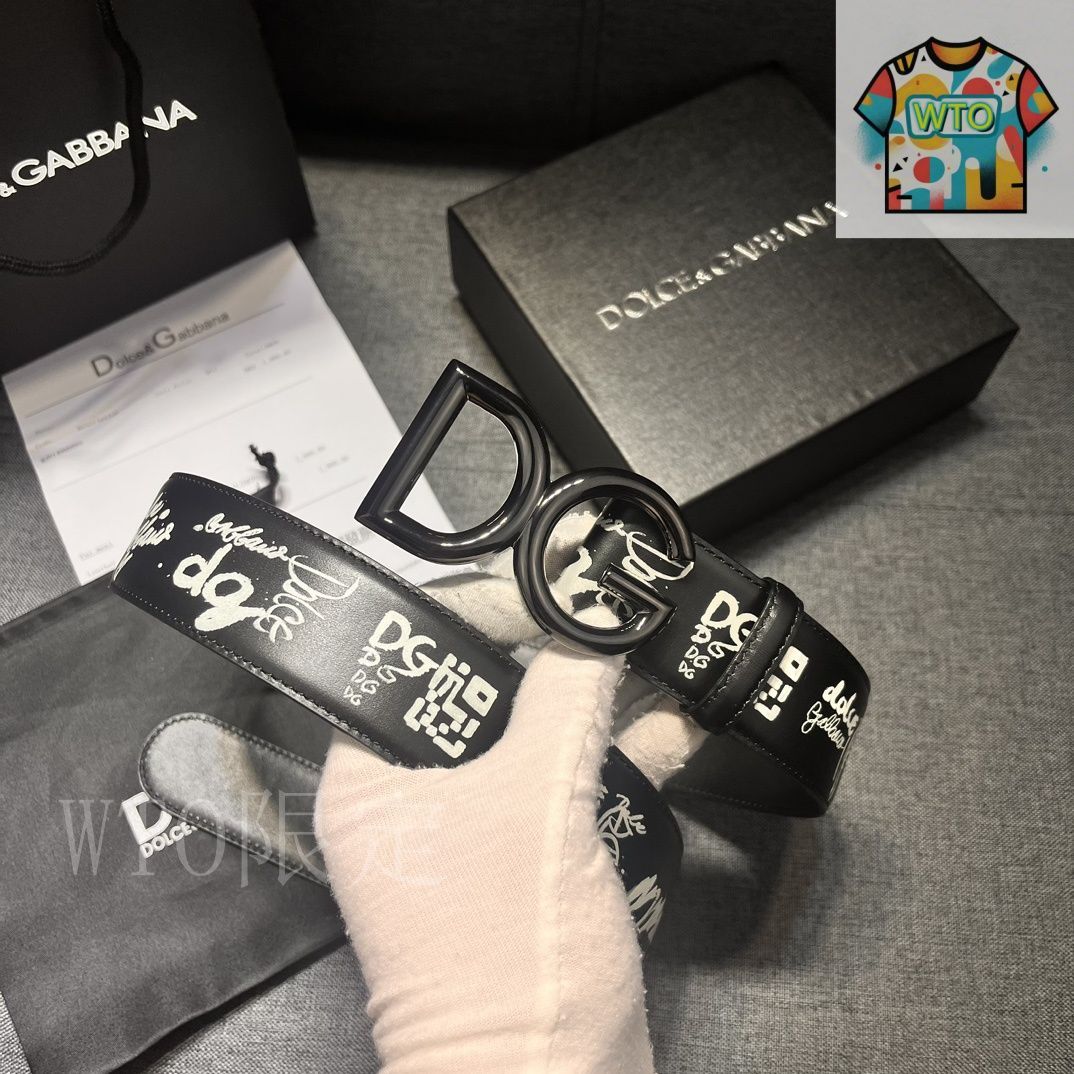 今日 Dolce-Gabbana 4.0cm ブラックプリント 小牛皮ベルト - DG ロゴ付き