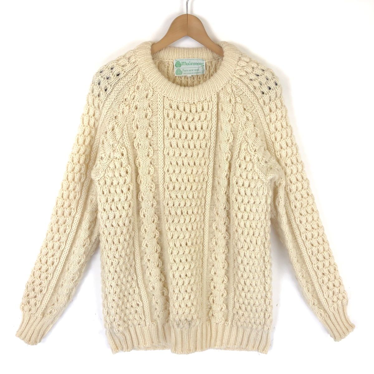 【古着】 MALINMORE フィッシャーマンセーター アラン編み 厚手 ヴィンテージ ホワイト系 メンズL 【中古】 n032133