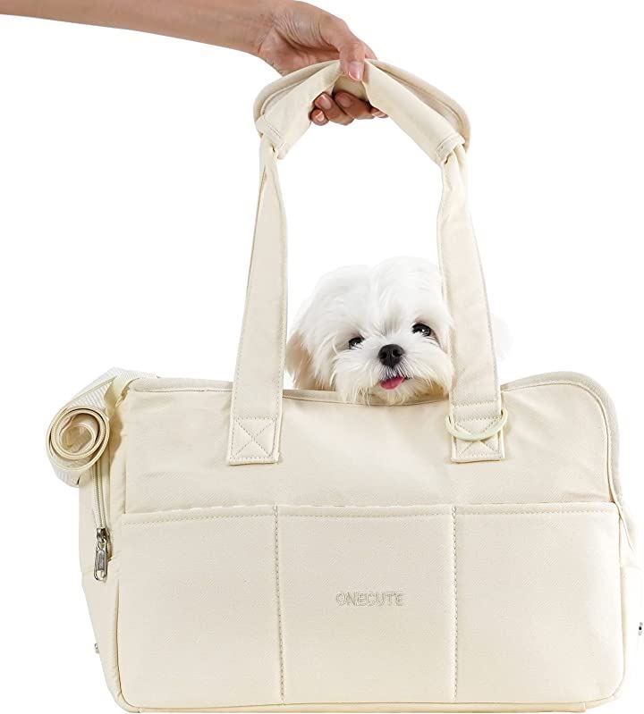 ONECUTE ペット キャリーバッグ 軽い お出かけ 6kg以下のペット 犬バッグ 猫バッグ ウサギバッグ 純綿 布バッグ 通気性 折りたたみ 旅行 災害避難 クリーム M