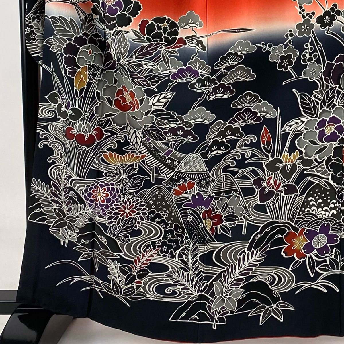 振袖 身丈162.5cm 裄丈67.5cm L 袷 牡丹 松竹梅 染め分け ぼかし 赤 正絹