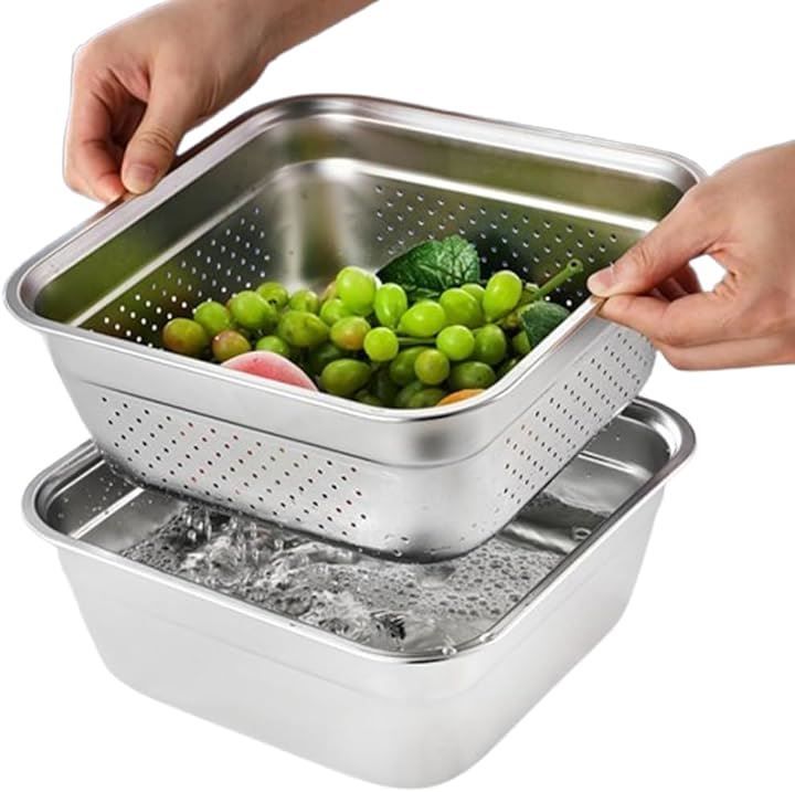 Asdays ざるボウルセット 四角 保存容器 角バット 食洗機対応 下ごしらえ 角型デザイン 省スペース ステンレス製 ボウル+ザル(画像参照, 32cm)