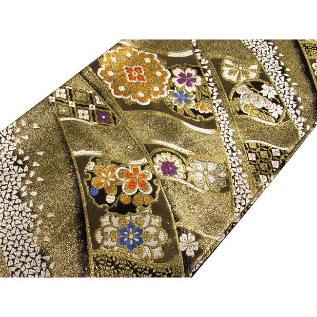 袋帯 振袖用 USED 正絹 仕立て上がり 金×黒 花紋 No17 六通柄 振袖用  