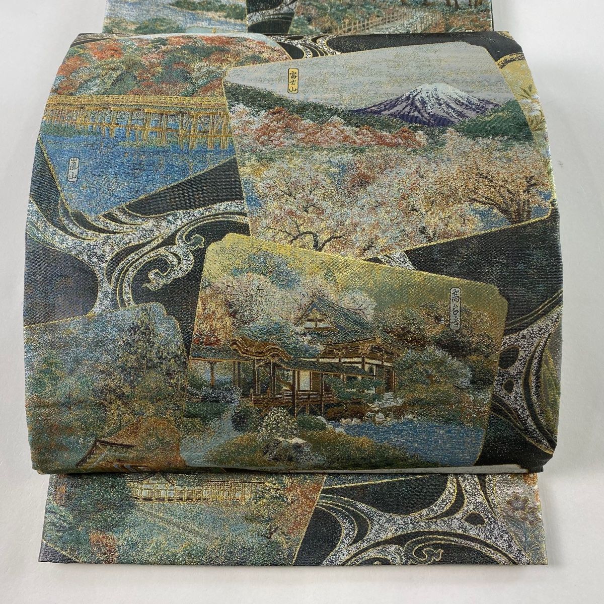 袋帯 美品 逸品 琳派流水名勝図 箔 青灰色 正絹 中古 袋帯 正絹 琳派流水名勝図 両面全通袋帯 丸帯 名品 琳派流水名勝図