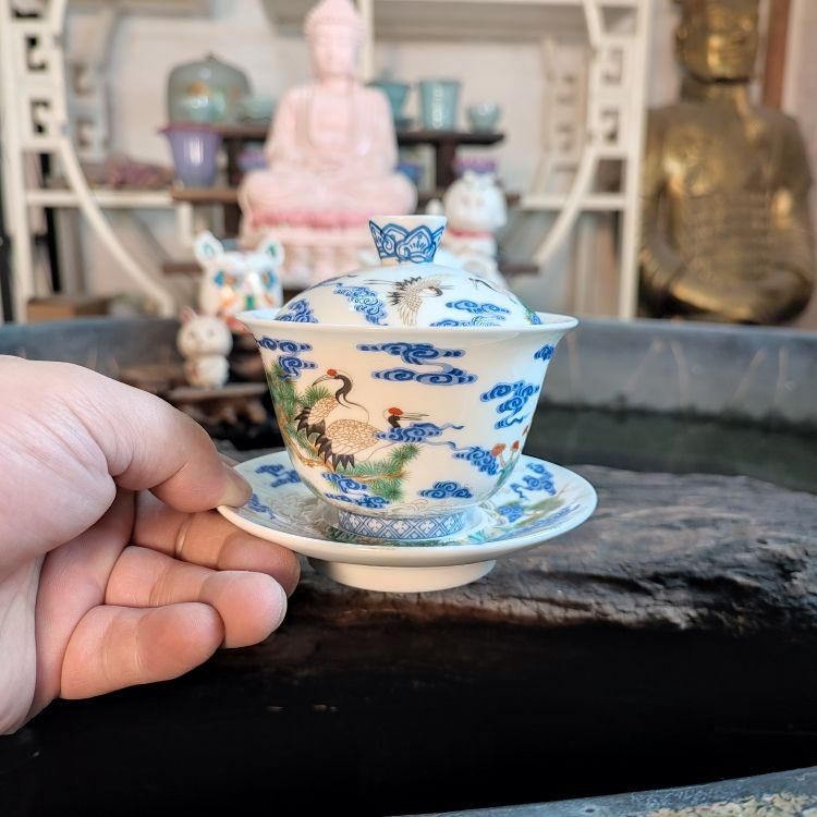 未使用品 鶴琺瑯彩三才蓋碗 中国茶器 景徳鎮 蓋付き茶器