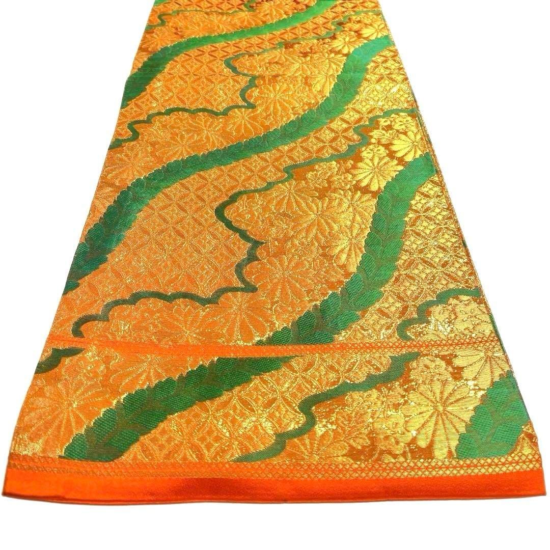 京袋帯　紬　花模様　唐花　イエロー　華やか　着物　033a d 袋帯 松 七宝 花模様 唐花模様 着物 062w p だす