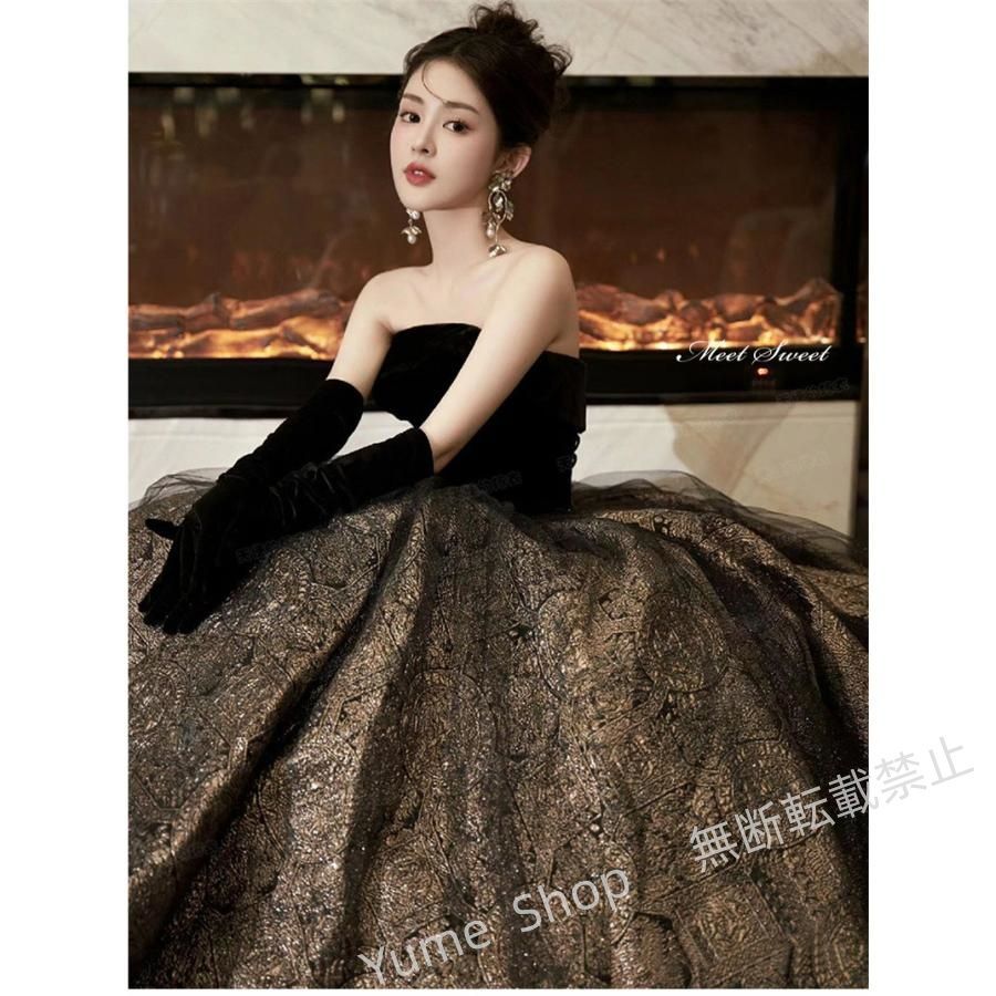 ♥ カラードレス プリンセスライン ブラック ベアトップ 黒 ロングドレス ウェディングドレス 結婚式 二次会 花嫁 前撮り 演奏会 発表会 ステージ衣装 お洒落 nhdw148