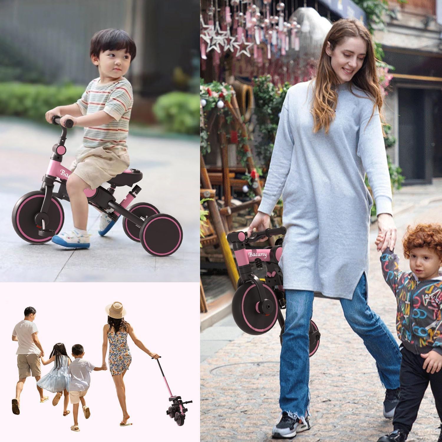 お祝い 調整 おもちゃ おもちゃ プレゼント ギフト キッズバイク 幼児用 乗用玩具 自転車 コンパクト シートベルト付き 1歳-6歳 おしゃれ 手押し棒 折りたたみ ステップ付き ピンク 三輪車 7in1 子供用三輪車 Bacany