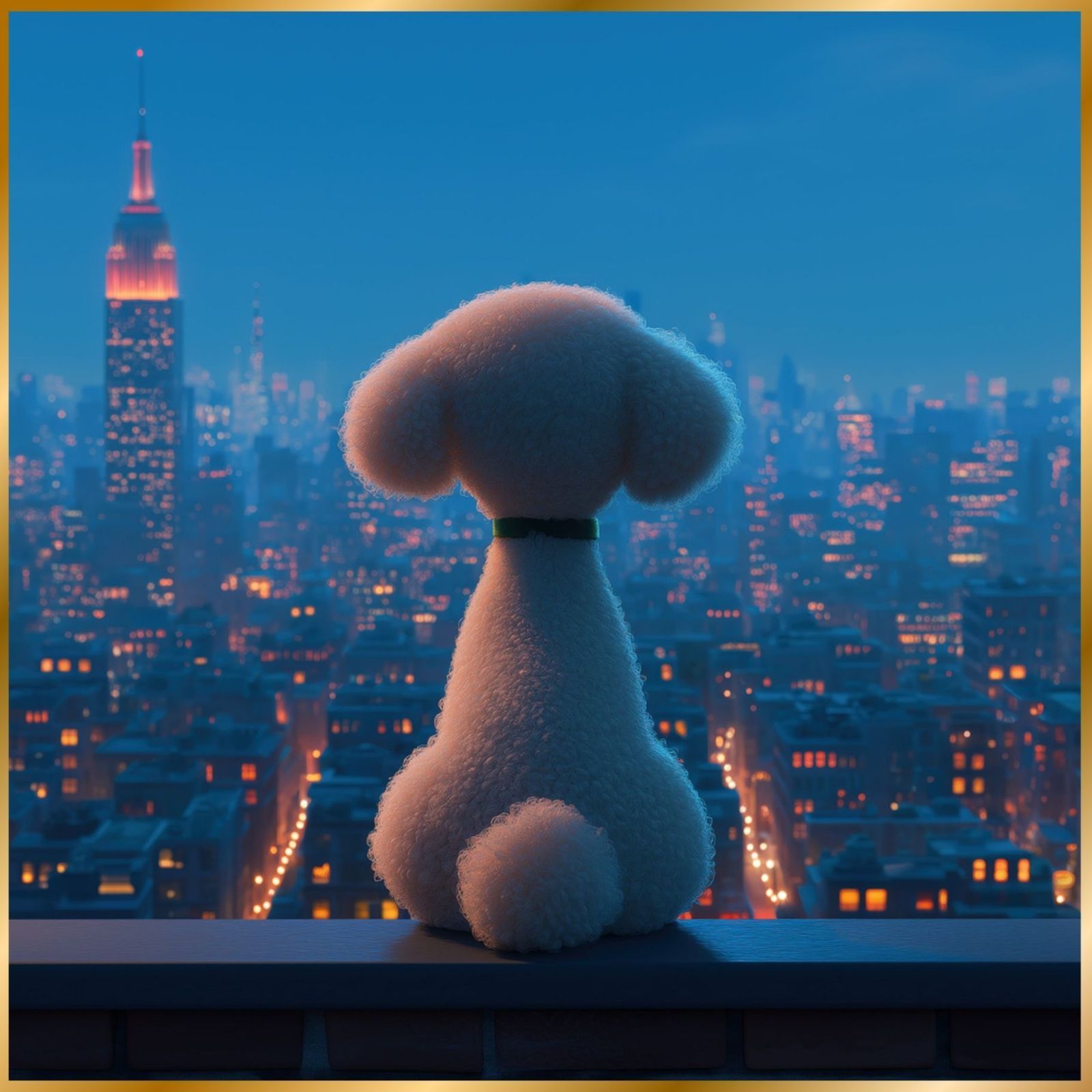 Luna and New York City - トイプードル犬 ホワイト クリーム 夜景 ニューヨーク マンハッタン シティー インテリアアート ペットロス うちの子 記念日 アートポスター 犬の絵 犬のイラスト ギフト プレゼント
