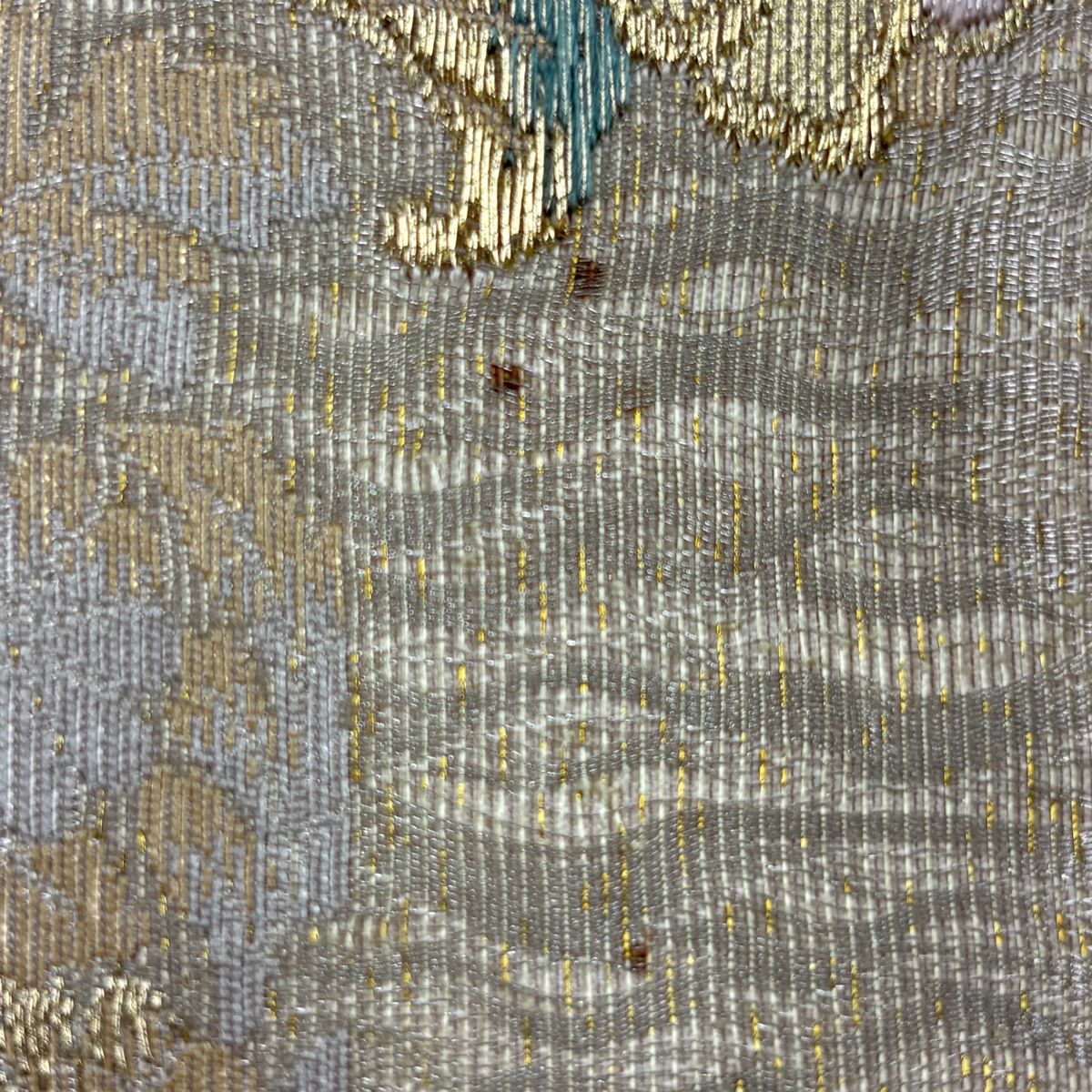 袋帯 美品 秀品 落款 華文 花鳥 金糸 箔 灰白 六通 正絹 【中古】