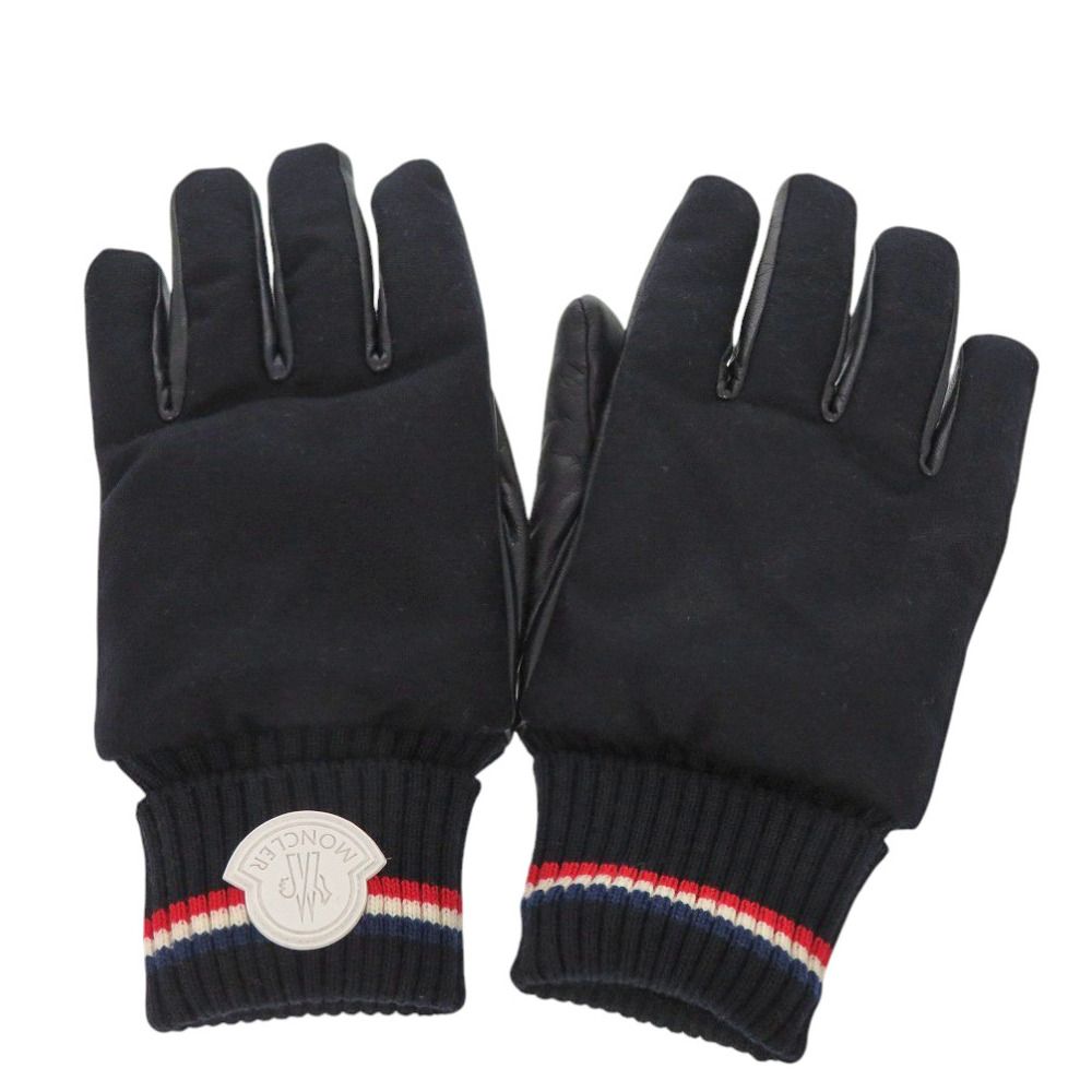 モンクレール F20913A70000 ウール レザー ブラック Lサイズ ロゴワッペン 手袋 グローブ 黒 0381 MONCLER メンズ