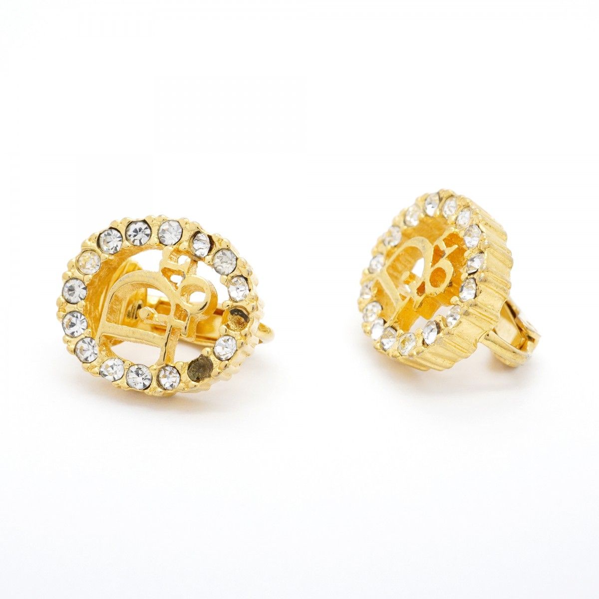 5jmb0345 クリスチャンディオール イヤリング ディオールロゴ オーバル GPメッキ ラインストーン ゴールド レディース