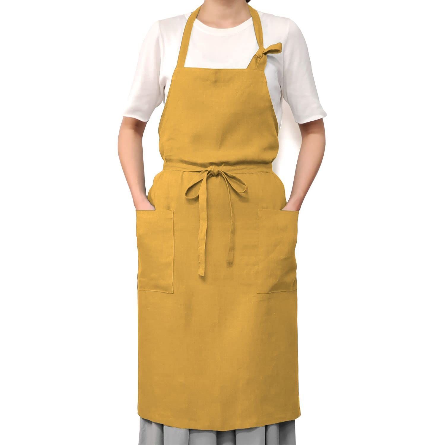 LINEN - BASIC｜エプロン リネン ヤマブキ 汚れが落ちやすい 金具不使用 ポケット付き 紐止め 光沢感 上品 総丈 87cm 身幅 105cm 腰紐 80cm ギフト プレゼント