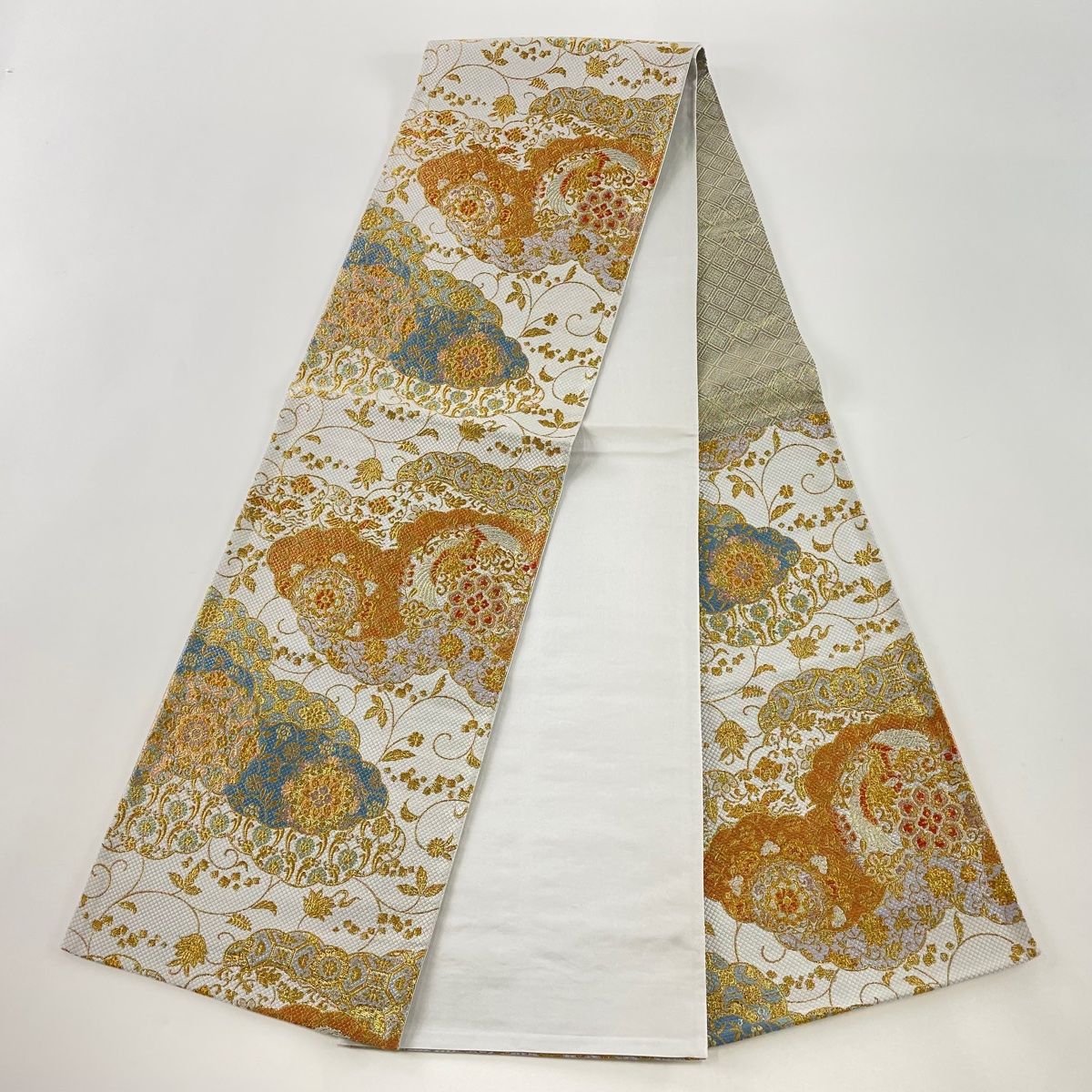 袋帯 美品 名品 鳳凰 華文 金糸 箔 灰白 六通 正絹 【中古