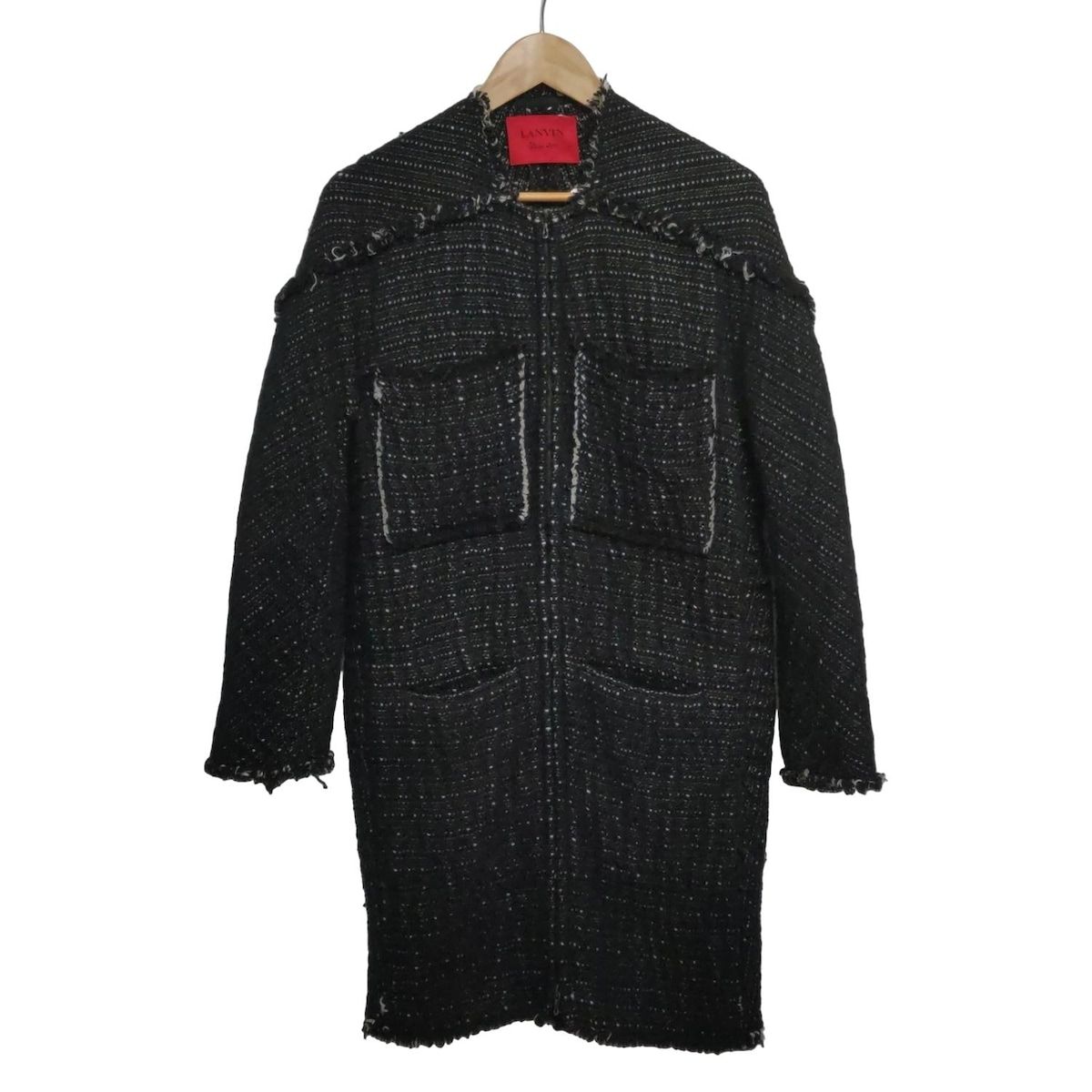 LANVIN en Bleu ランバンオンブルー コート サイズ34 S レディース - 黒×アイボリー 長袖 ツイード ジップアップ 秋 春