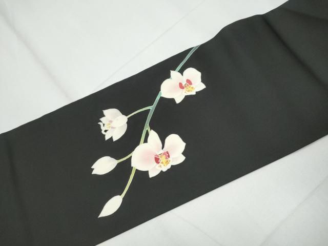 平和屋着物●塩瀬　九寸名古屋帯　作家物　胡蝶蘭　黒地　正絹　逸品　CAAY9803hy 平和屋着物○塩瀬 九寸名古屋帯 作家物 胡蝶蘭 黒地 正絹 逸品
