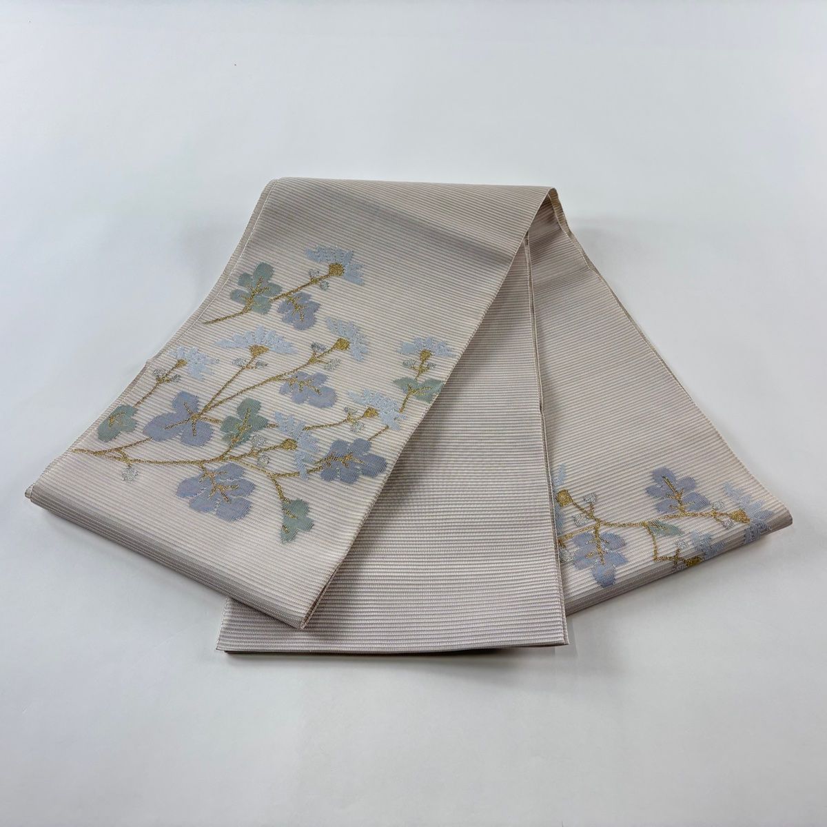 袋帯 秀品 夏帯 絽 菊 金銀糸 薄茶色 お太鼓柄 正絹 【中古