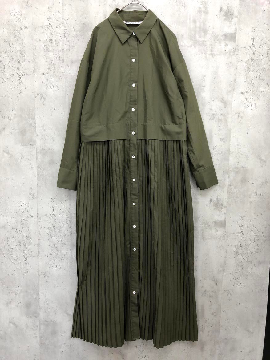 ZARA ザラ サイドスリット 切り替え プリーツ ロング シャツ