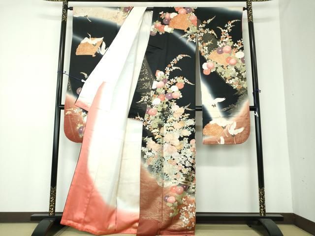 豪華振袖　長襦袢セット(無双仕立て)　舞蝶花文　暈し染め　金銀彩　正絹　逸品 平和屋着物□豪華振袖 花蝶文 暈し染め 金銀彩 正絹 逸品