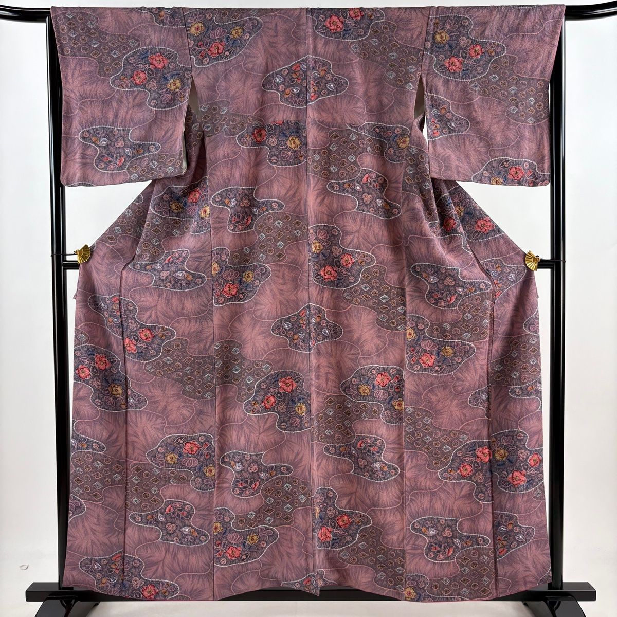 小紋 身丈159cm 裄丈66.5cm M 袷 草花 霞 絞り 縮緬 薄紫 正絹 名品