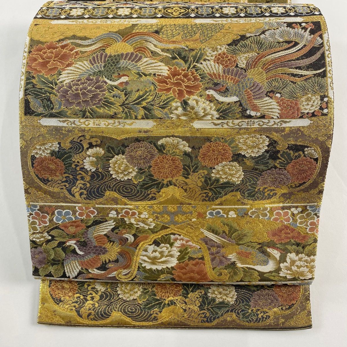 袋帯 秀品 鳳凰 菊 金糸 箔 金色 お太鼓柄 正絹