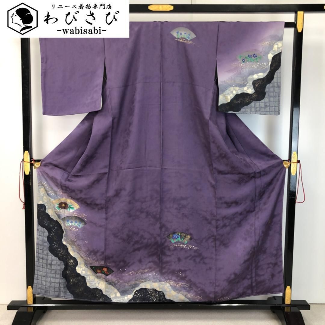 訪問着 作家物 道長取りに花模様 葡萄紫色 しつけ糸 K-5354