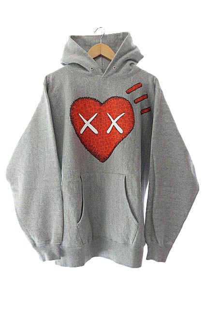 ヒューマンメイド HUMAN MADE ×KAWS カウズ 23AW PIZZA HOODIE #1 ピザ ロゴ ハート プリント フーディー プルオーバー パーカー XL 灰 グレー ブランド古着ベクトル 中古AA241210