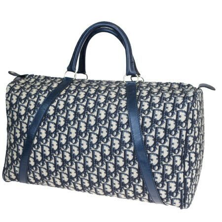 【中古】 中美品 クリスチャンディオール Christian Dior トロッター ハンドバッグ ミニボストン ネイビー キャンバス レザー 35MA359