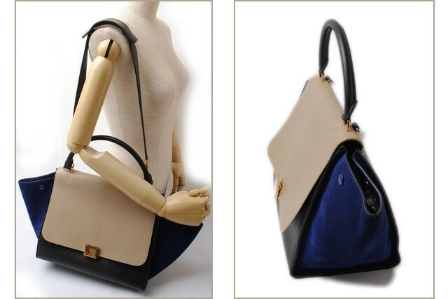 セリーヌ ハンドバッグ/ショルダーバッグ CELINE な トラペーズ/TRAPEZE 169543 サンドベージュ/ブルー/ブラック 2way  ストラップ付【